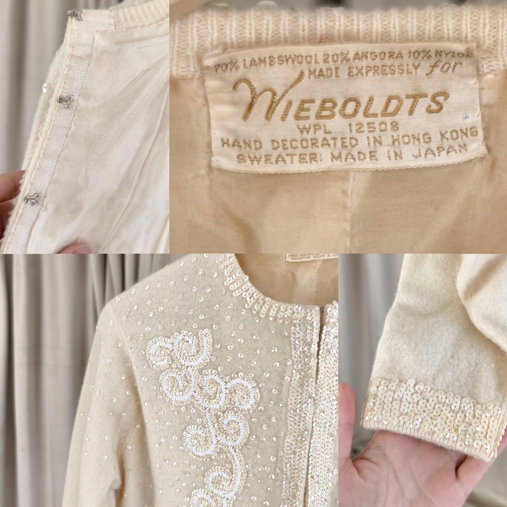 Vintage Wool and Rabbit Hair Cream Cardigan with Sequins Embellishments - Picture 8 of 8